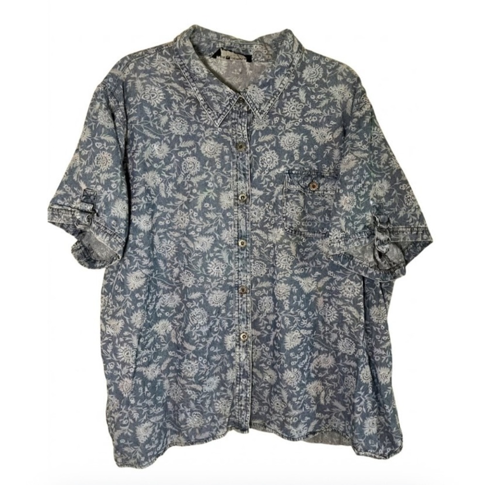 Neutral Floral Denim Shirt 2X Cottage Western Rodeo Country Boho Indie Classic